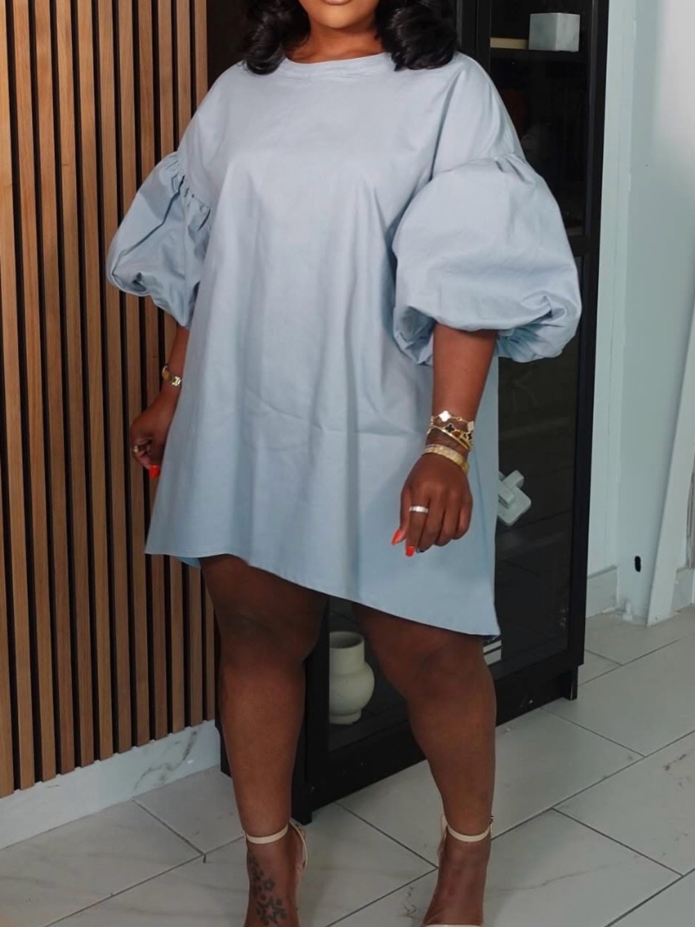 Elegant Light Blue Puff-Sleeve Mini Dress